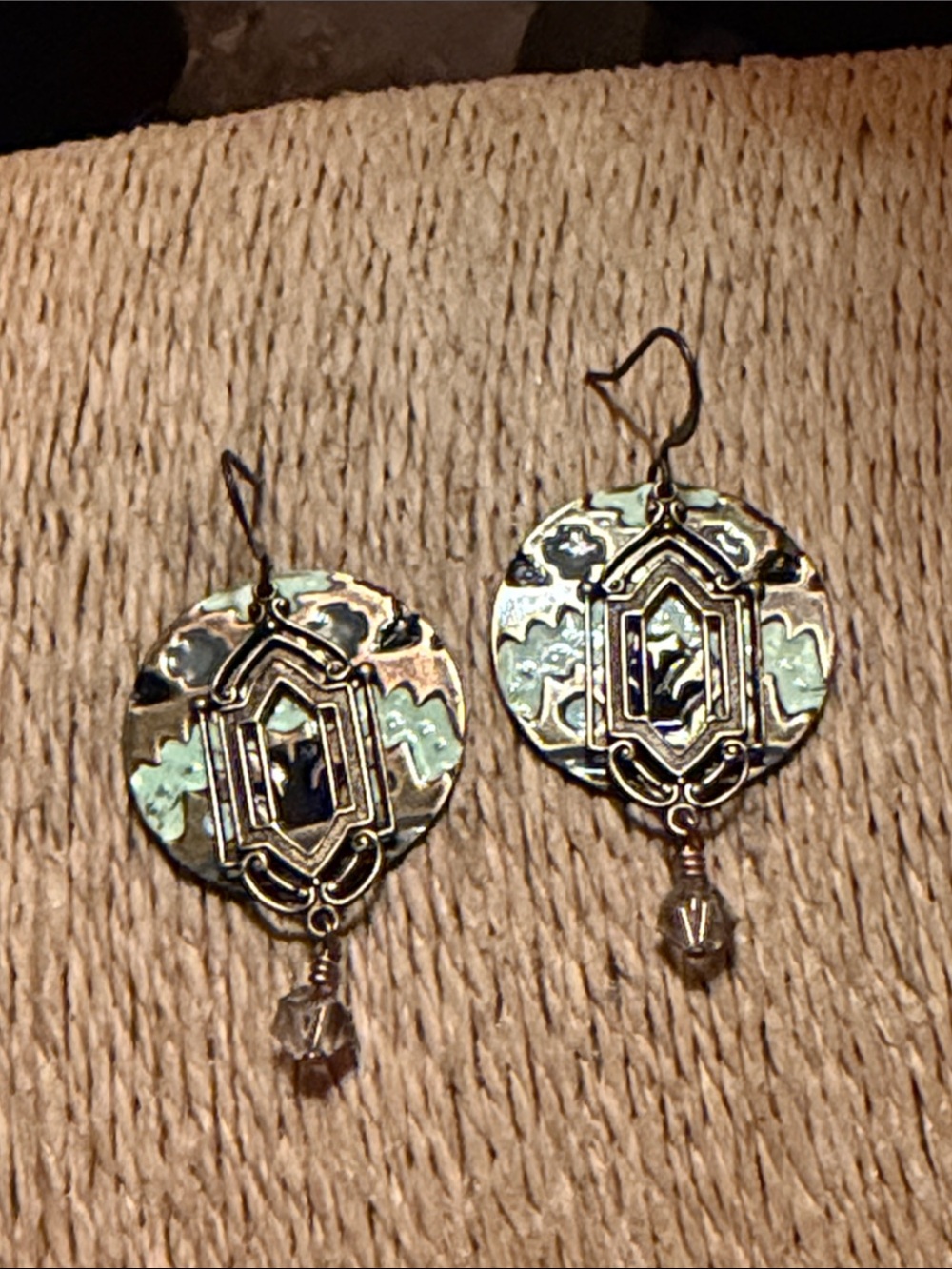 Round Metal Filigree Drop Earrings in Pale Green and Gold enamel drop crystal